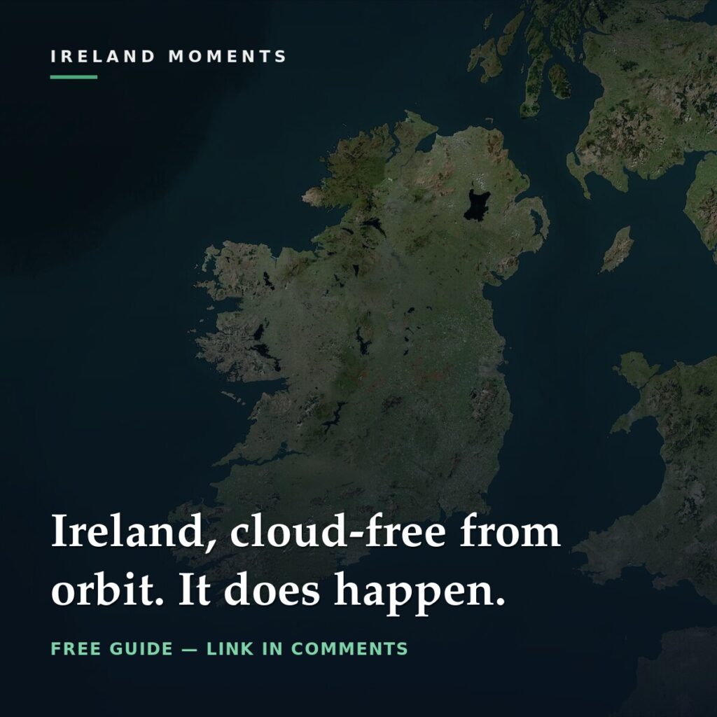 Satellite view of Ireland showing cloud-free landmass surrounded by dark ocean waters