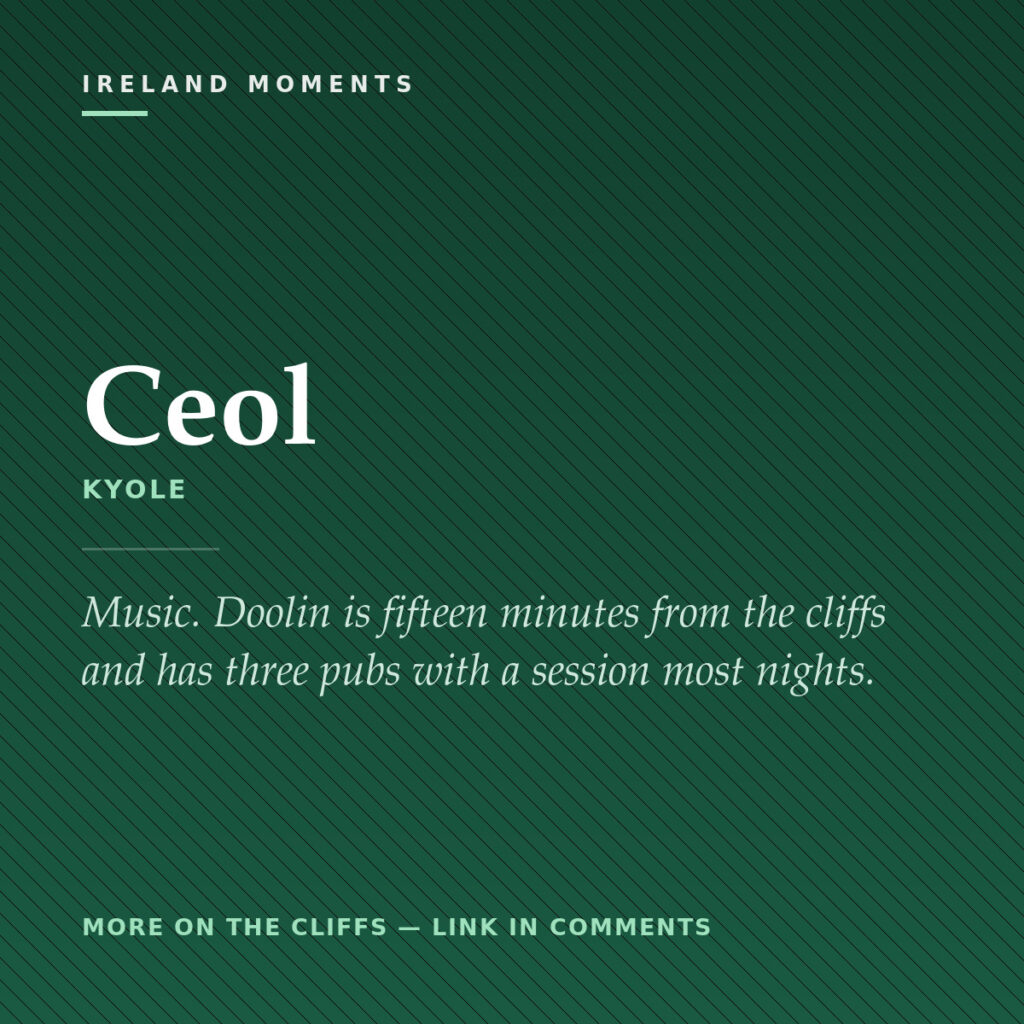 Green diagonal striped background with white text describing Ceol in Kyole, Ireland