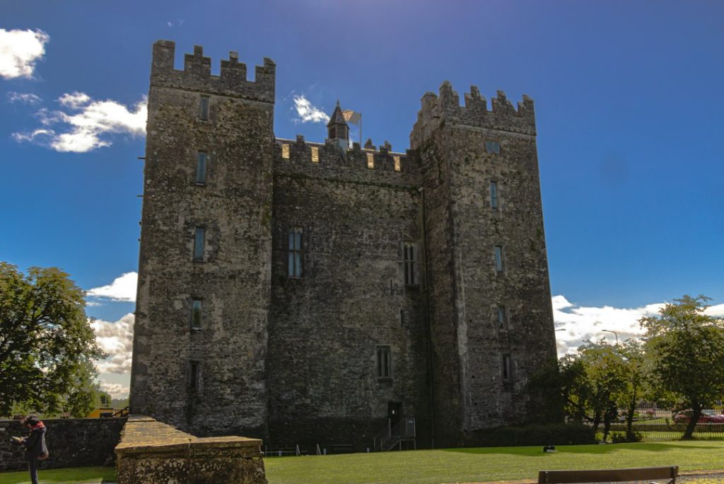 A castle with a bench in front of it